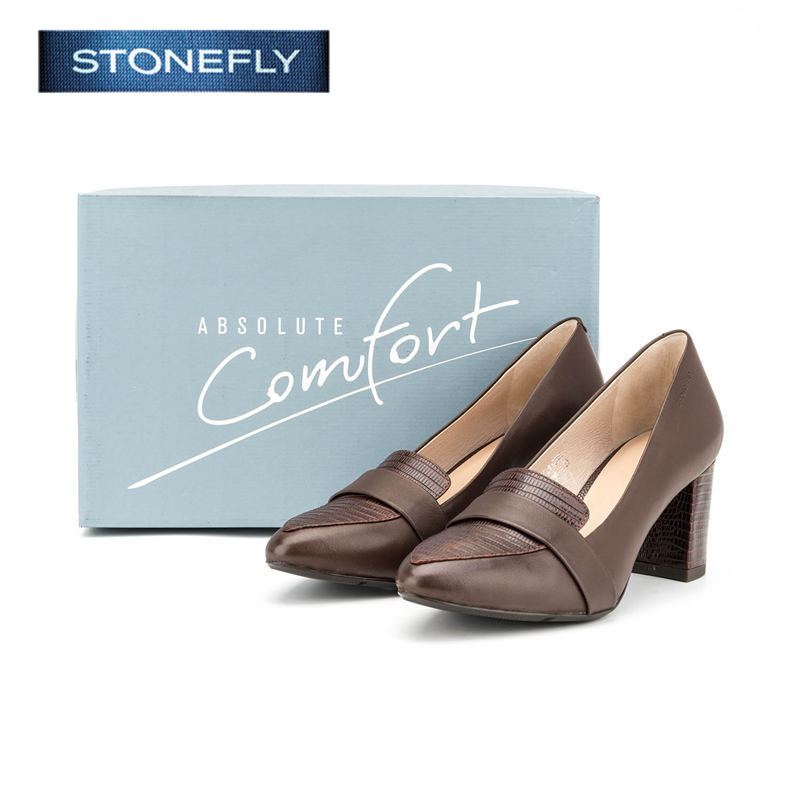 斯通富来STONEFLY羊皮尖头中跟套脚纯色浅口女鞋SD63112708 深咖啡 34