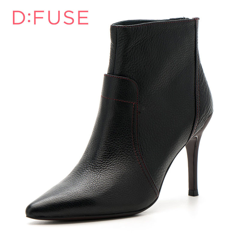 D：Fuse/迪芙斯冬季牛皮尖头性感高跟细跟通勤女短靴DF64117361 10黑色 39