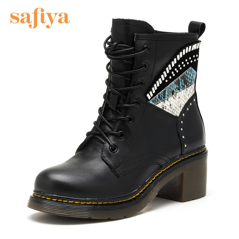 Safiya/索菲娅牛皮圆头铆钉粗跟英伦马丁靴短靴女靴子SF64116119 10黑色 35