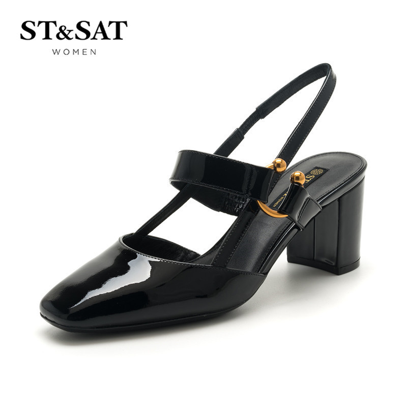 St&Sat/星期六牛皮方头粗跟高跟中后空凉鞋SS81114310 黑色 37