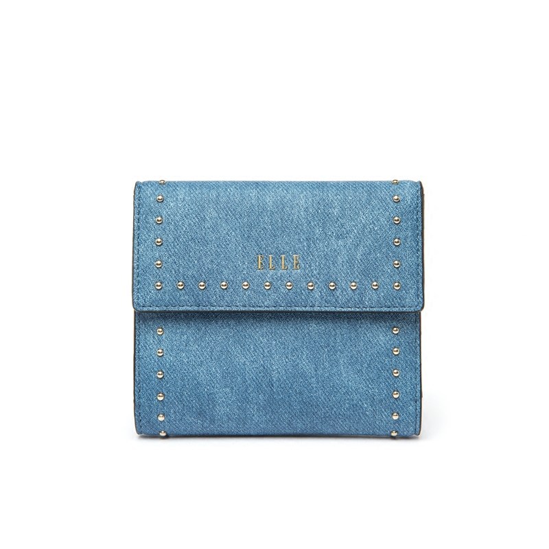 ELLE（她）2018年春夏新品女包钱包 铆钉个性迷你小钱包牛皮多色零钱包 女士票夹短款钱夹 70914 蓝色