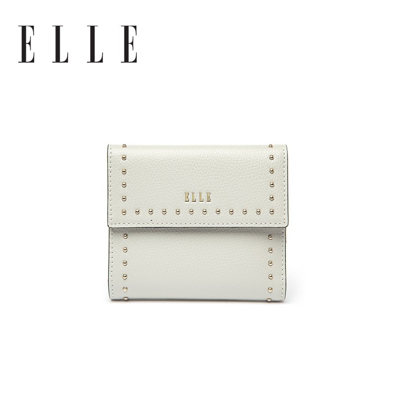 ELLE（她）2018年春夏新品女包钱包 铆钉个性迷你小钱包牛皮多色零钱包 女士票夹短款钱夹 70914 灰色