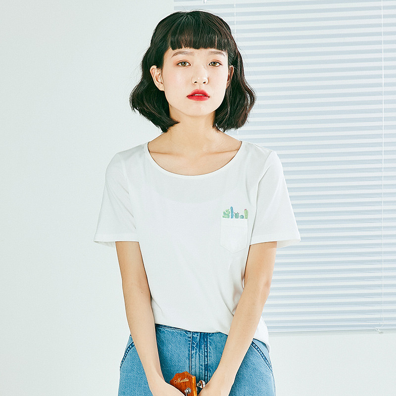 素缕夏装2018新款女装文艺舒适合体印花短袖打底T恤女SV8213竸_pYE11 M 白色