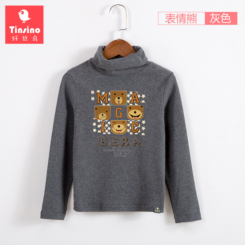纤丝鸟童装春秋季新款女童定制款印花长袖高领衫休闲百搭T恤上衣_7 140cm 表情熊灰色