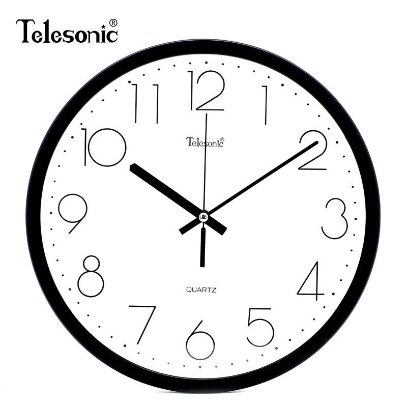 TELESONIC/天王星挂钟 现代简约卧室钟表 圆形客厅时钟静音装饰石英钟 静音扫秒机芯时尚北欧风 12英寸黑色【直径30.5厘米】静音机芯+365天质保