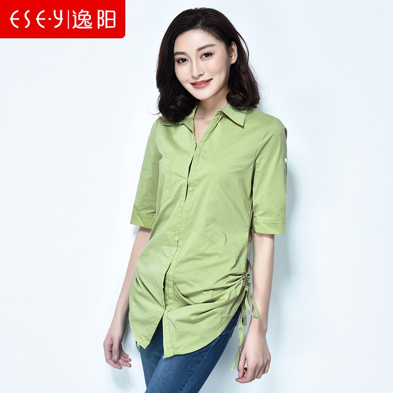 2018夏季新款修身五分袖短袖彩色中长款休闲衬衫上衣女清仓0176_2 XL 绿色