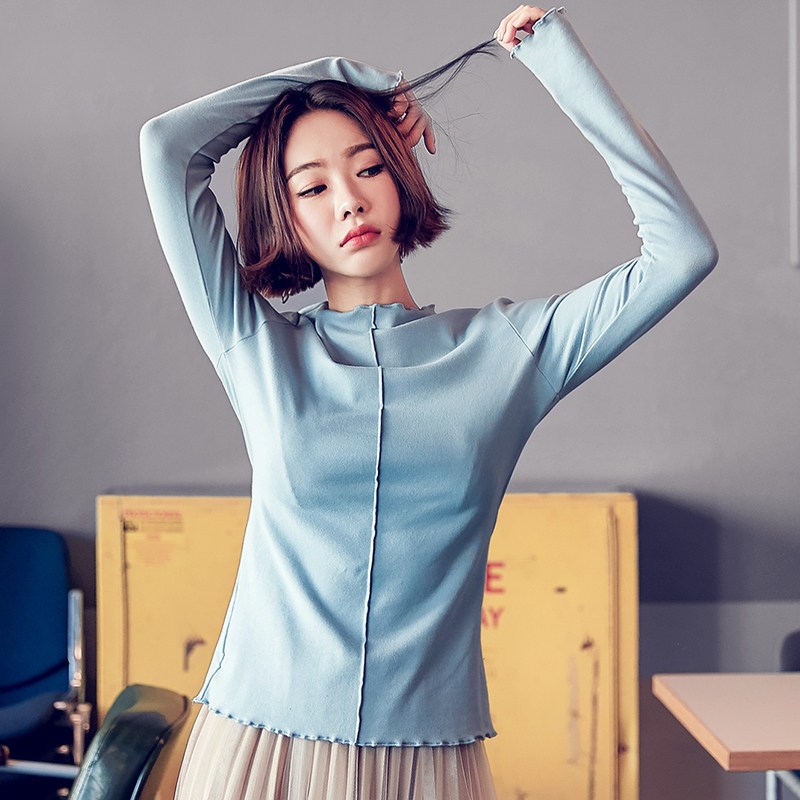 韩都衣舍2018秋装新款女装韩版白色潮打底上衣长袖T恤JW12685筱 L 蓝色