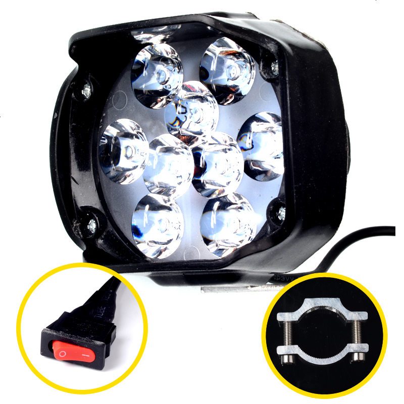 电动车灯摩托车led车灯超亮外置大灯三轮车流氓改装灯12v80v通用 狼眼九珠+支架+开关