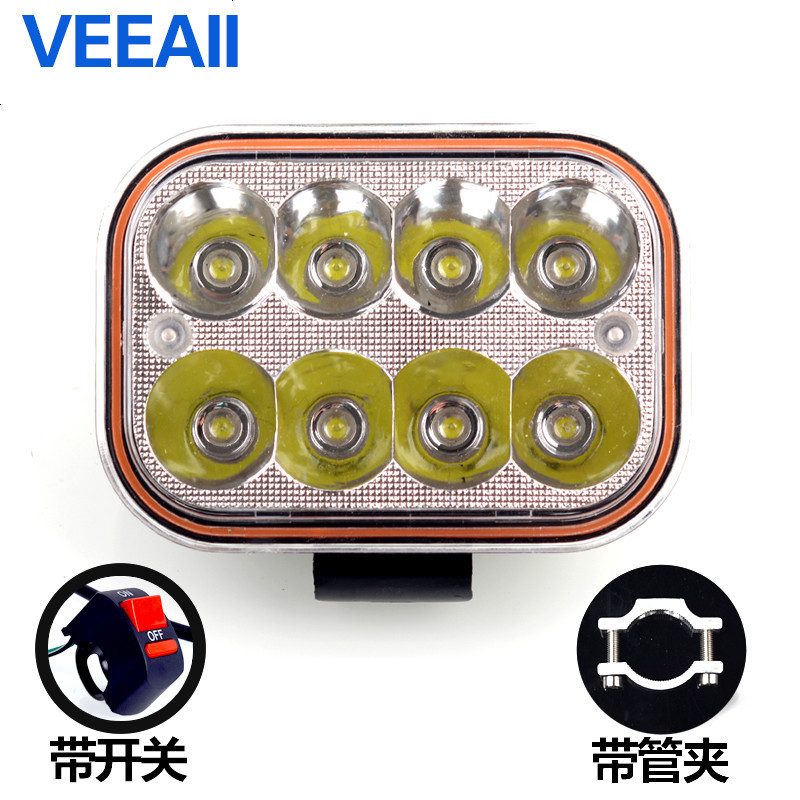 汽车货车铲车越野车挖掘机工程工作led大灯外置LED射灯12V24V超亮 方形八珠+开关+支架