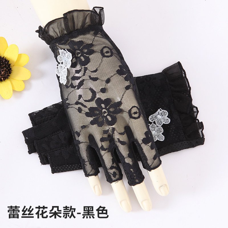 电动夏季车防晒手套女士短款薄开骑车遮阳防滑电车摩托车防晒手套_220_248 蕾丝冰爽防晒手套（半指短款）-白色小花黑色