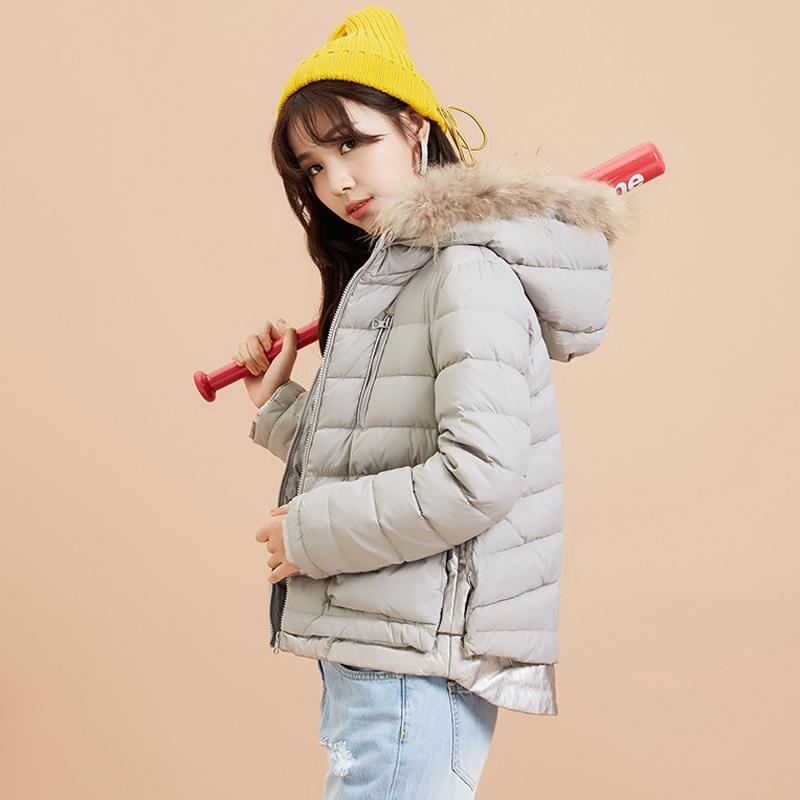 【反季特价】美特斯邦威羽绒服女秋冬装毛领净色可爱连帽短款外套韩版学生潮_1 L:165/88A 603036灰色【1】