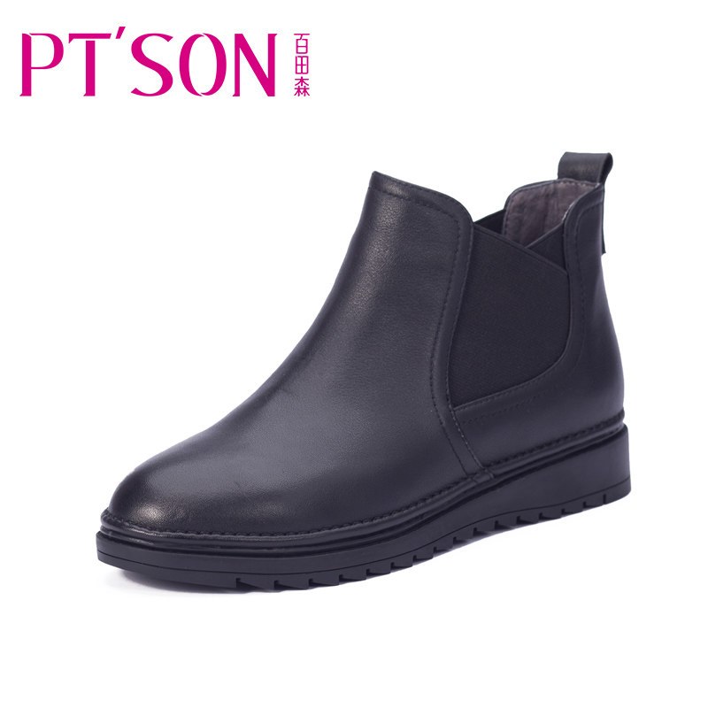 PTSON/百田森冬季平底平跟切尔西靴短筒靴时尚牛皮真皮女靴子 黑色 36