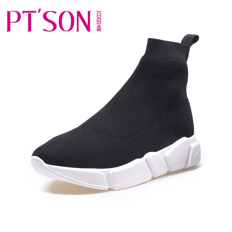 PTSON/百田森冬季弹力靴袜子鞋女高帮针织运动鞋短靴袜靴 黑色 37