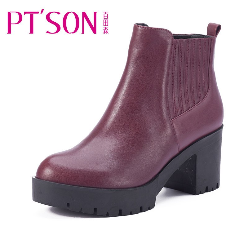 PTSON/百田森冬季高跟防水台粗跟切尔西靴短筒短靴真皮女靴子 酒红色 34