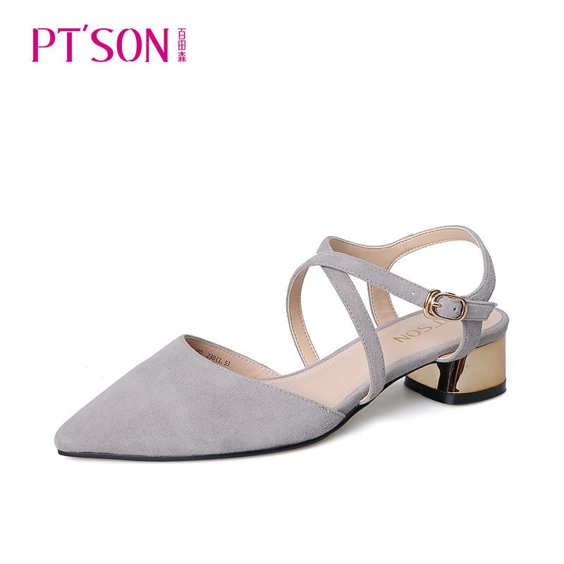 PTSON百田森秋季鞋子女2018新款尖头单鞋女包头后空粗跟舒适_1 灰色 36