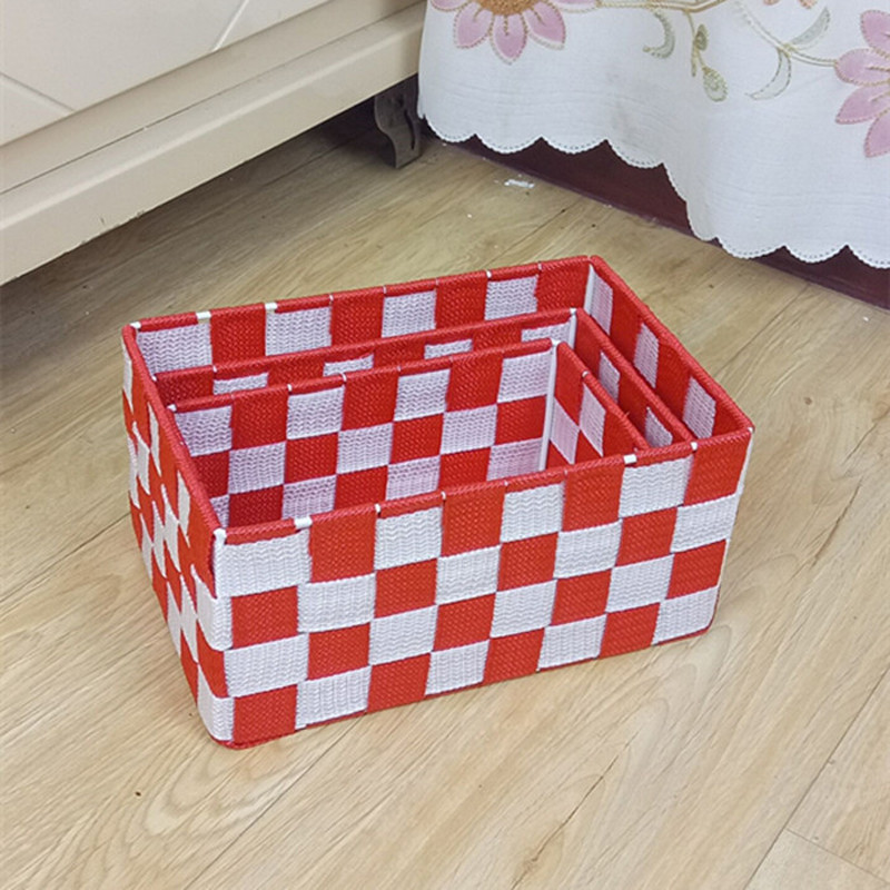 编织收纳盒创意桌面化妆品塑料盒家居儿童玩具杂物收纳筐脏衣篮_1 套三长方丝带红色