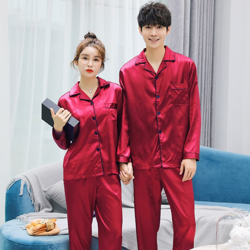 爱心鼠(Aixinshu) 春秋季纯色仿真丝开衫长袖情侣睡衣居家服秋天冰丝男士女士家居服套装9431 女款L码 4号款