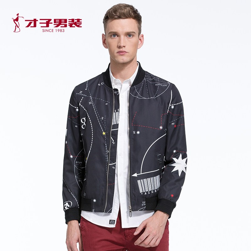 才子男装旗舰店官方春季新款时尚百搭青年夹克修身休闲潮流外套男 3XL 黑色