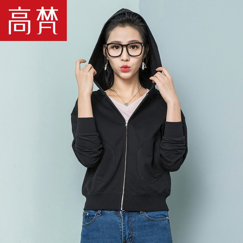 高梵(GOLDFARM) 纯棉拉链女士休闲卫衣运动宽松拉链开衫纯色带帽衫上衣女春秋 黑色 165/L
