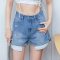 韩都衣舍2018夏装新款女装韩版宽松高腰休闲短裤牛仔裤OYK9268鲲 L 蓝色