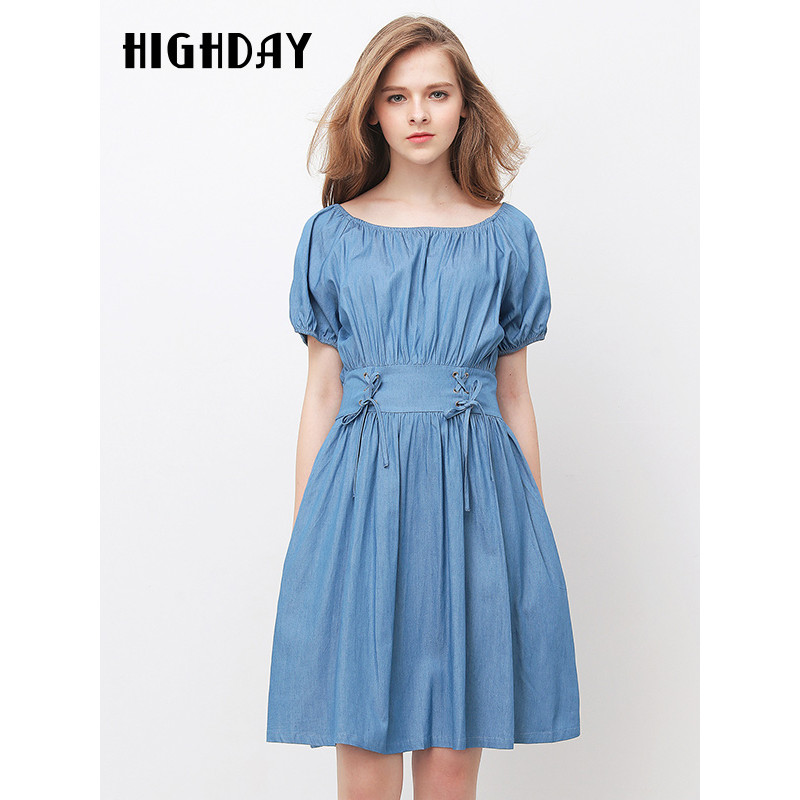 highday轩日牛仔短袖百褶连衣裙收腰中长款女 牛仔蓝 S
