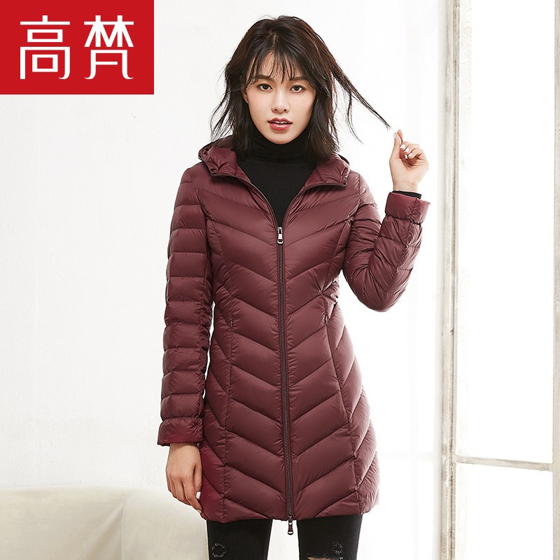 高梵(GOLDFARM)秋冬轻薄连帽中长款女士羽绒服 韩版外套女潮 深酒红A M