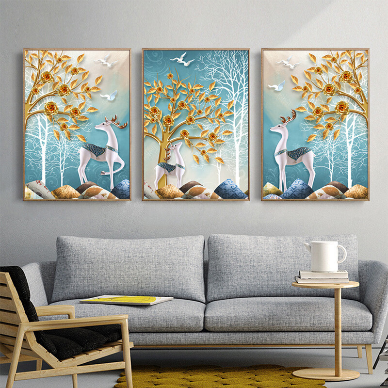 舒厅 客厅装饰画北欧发财鹿三联画卧室玄关现代简约床头壁画沙发背景