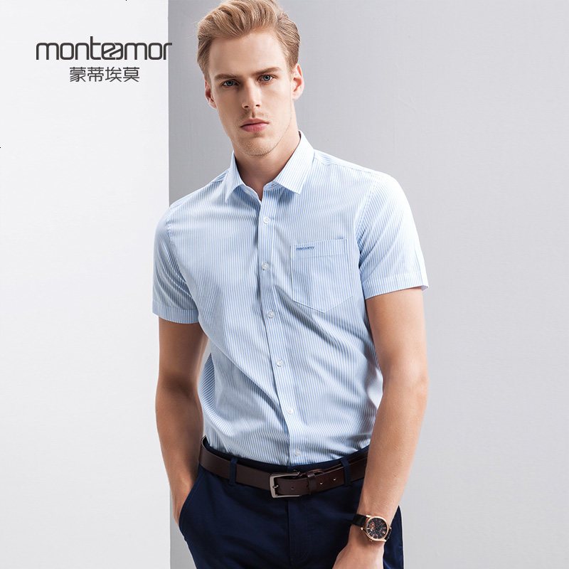 Monteamor/蒙蒂埃莫商务经典长绒棉混纺三防性能男常规版短袖衬衣_686_419 40 浅蓝条