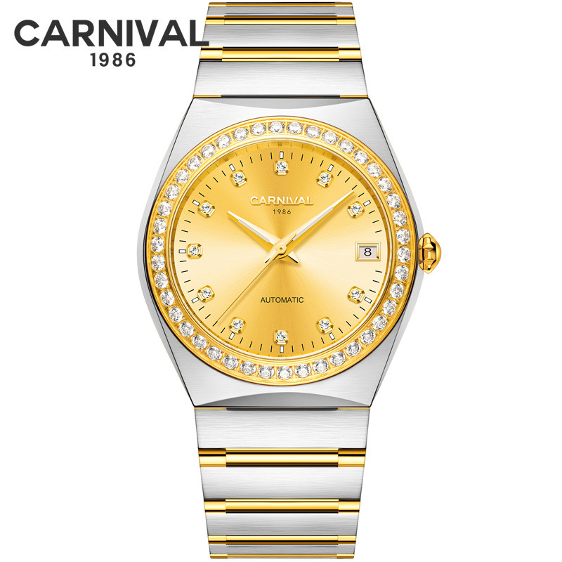 嘉年华Carnival时尚水钻手表 男士全自动机械表 男表进口Miyota机芯复古金色表商务腕表轻奢8581G 钻款间金金色面