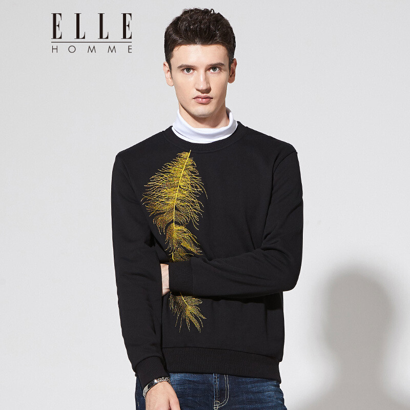 ELLEHOMME男装卫衣男时尚羽毛绣花圆领套头青年卫衣秋冬新款黑色 50/175 默认颜色