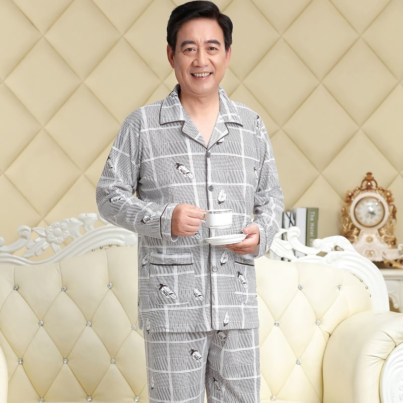 爱心鼠(Aixinshu)加大加肥中老年人睡衣男春秋冬季开衫长袖长裤居家服棉质男士爸爸休闲家居服套装7604 XL码 8号款