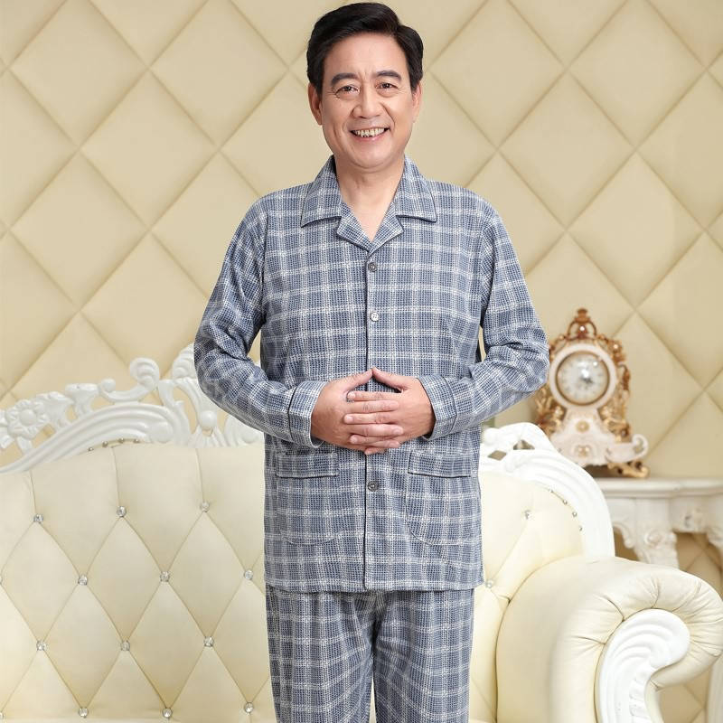 爱心鼠(Aixinshu)中老年人睡衣男春秋冬季开衫长袖长裤居家服棉质加大加肥男士爸爸休闲家居服套装7609 L码 1号款
