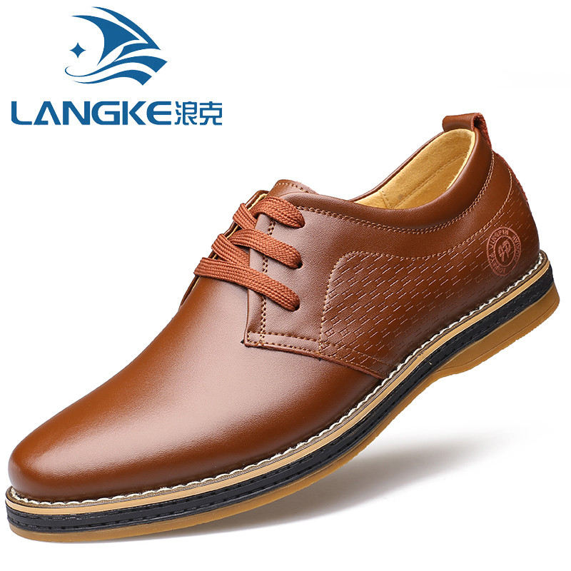 浪克(LANGKE)夏季休闲皮鞋男鞋真皮韩版潮流英伦百搭鞋子软面皮系带商务休闲鞋 二层牛皮舒适耐磨皮鞋男 金色 40码