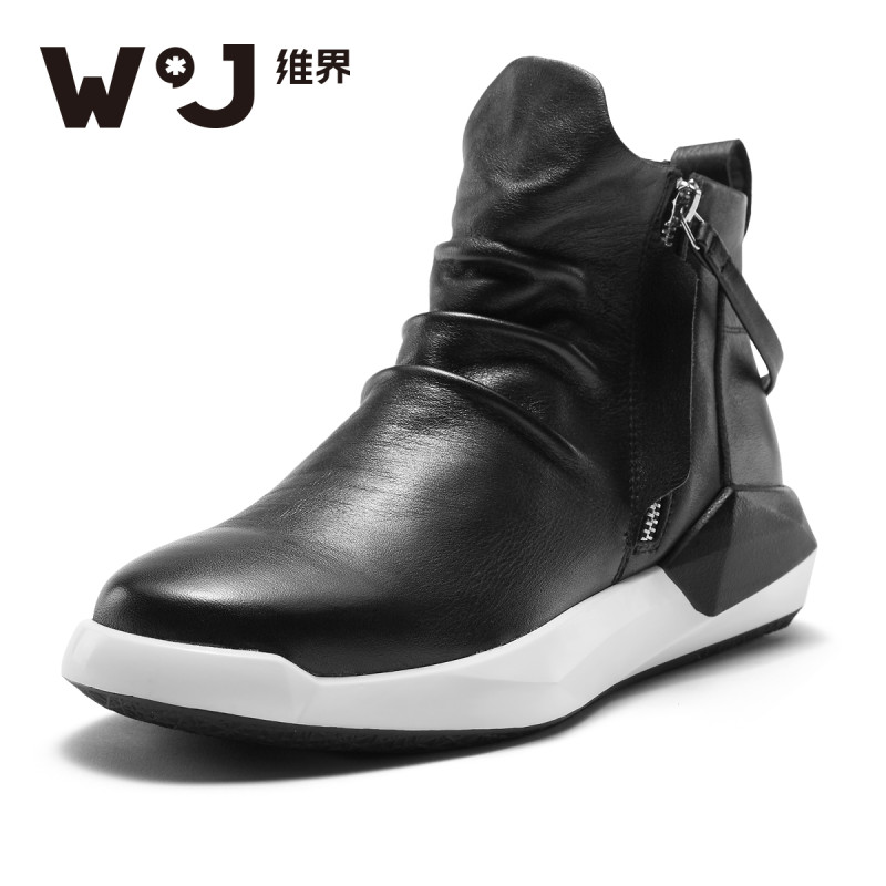 维界男鞋个性新款潮流高帮鞋增高时尚高帮板鞋真皮休闲短靴皮靴男 黑色 39