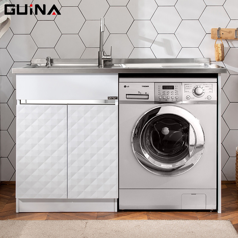 贵娜(guina) 洗衣柜 阳台洗衣池带搓板洗衣机伴侣柜 1.3M 1.3白压花左盆