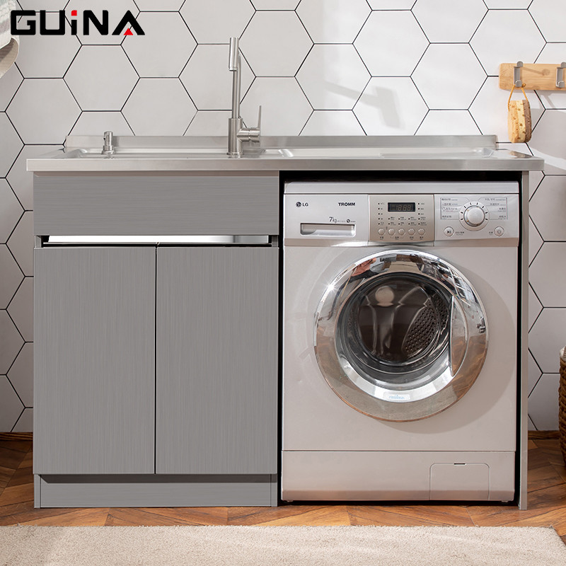 贵娜(guina) 洗衣柜 阳台洗衣池带搓板洗衣机伴侣柜 1.3M 1.3拉丝左盆