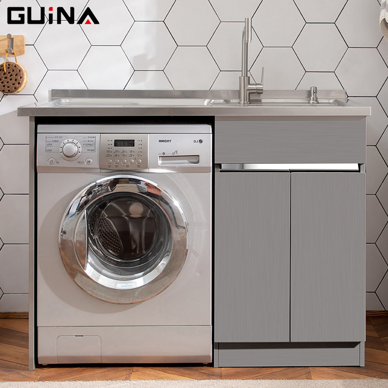 贵娜(guina) 洗衣柜 阳台洗衣池带搓板洗衣机伴侣柜 1.2M 1.2拉丝右盆