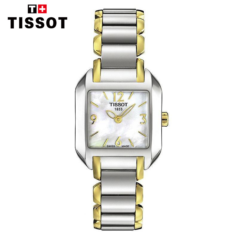天梭(TISSOT)手表 海浪系列 石英女表时尚潮流休闲镶钻 方表系列真皮表带钢带防水女士手表_MeC68 T02.2.285.82