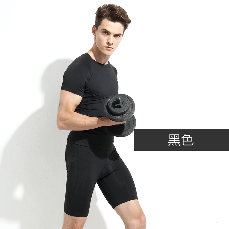 2018夏季新款轻薄运动服短袖T恤男士五分裤健身套装高弹紧身透气速干训练服 M 黑色裤子