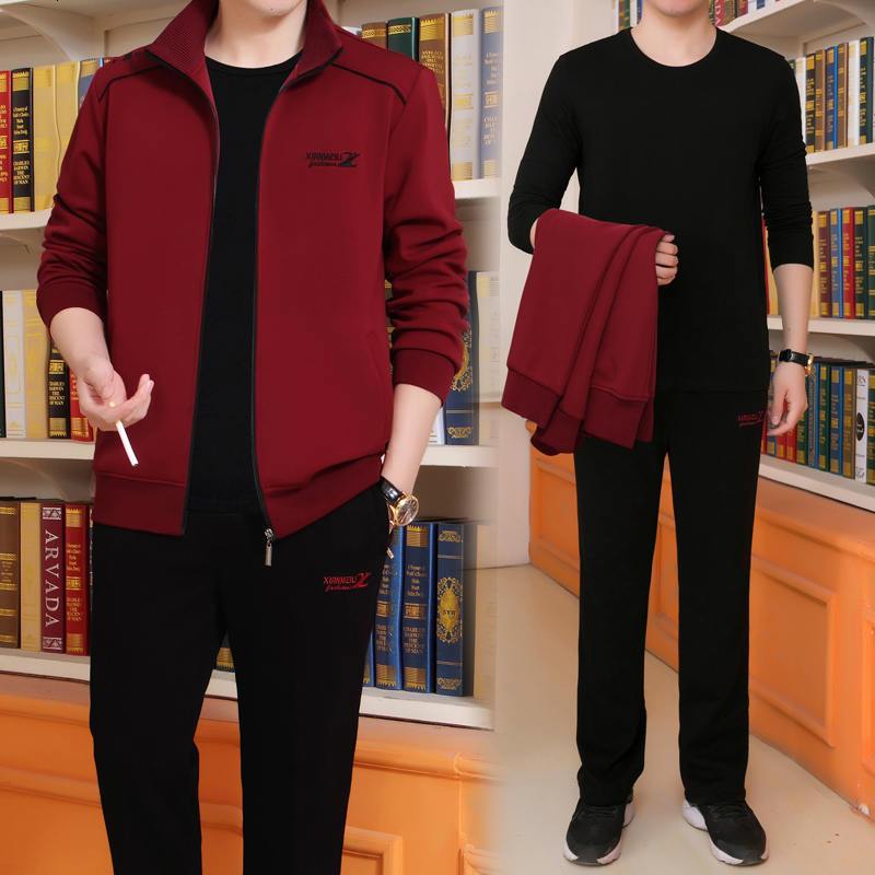 锋非凡品牌锋非凡 品牌中老年人运动套装男春秋大码三件套运动服男跑步运动衣休闲爸爸装40-50-60岁休闲套装_989 XL(建议125-140斤) 酒红【三件套配长T】