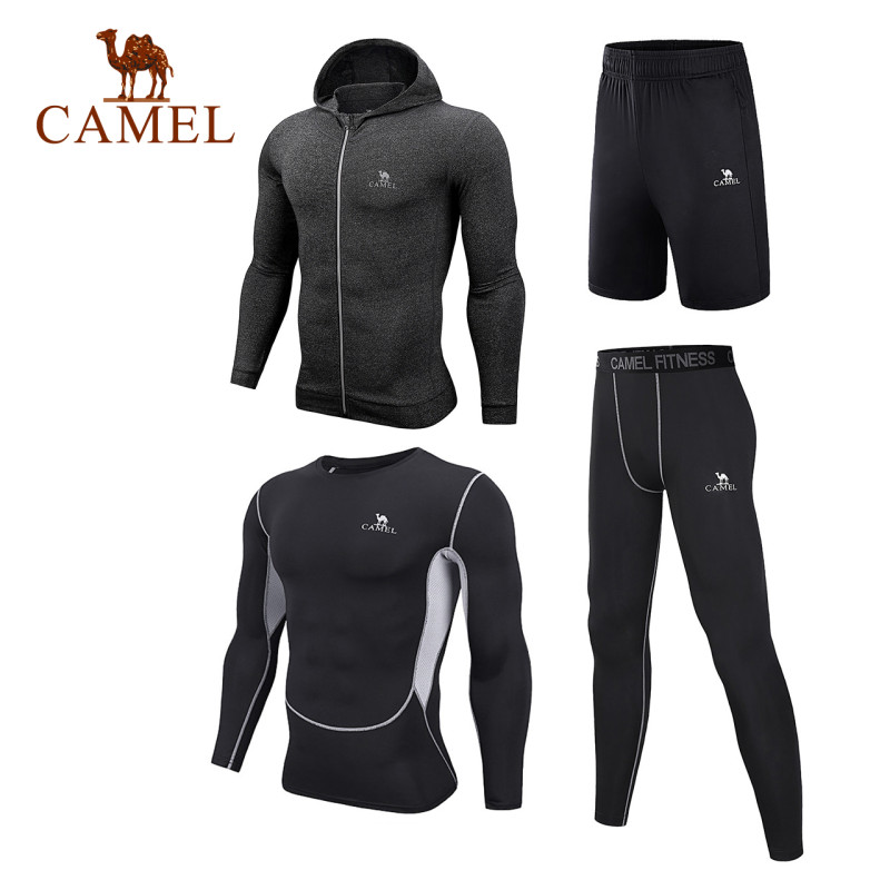 CAMEL骆驼户外速干套装 2018秋冬新款男款跑步健身运动训练紧身速干衣裤套装 L J8TZ140129，（黑+灰）四件套