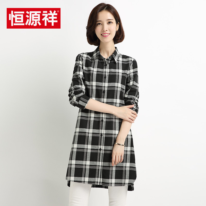 恒源祥（带防伪）秋季新款中长款纯棉格子衬衫女长袖休闲衬衣宽松女装外套 165/L C507-黑色2号