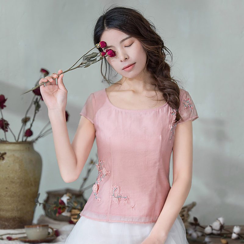烟花烫短袖T恤女2018新款夏装刺绣收腰简约文艺短款小衫尽妙3822310 XXXL 灰粉色