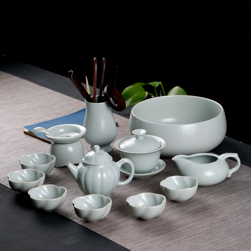 冬青汝窑功夫茶具茶杯杯子套装整套家用景德镇陶瓷冰裂釉手工高清实拍