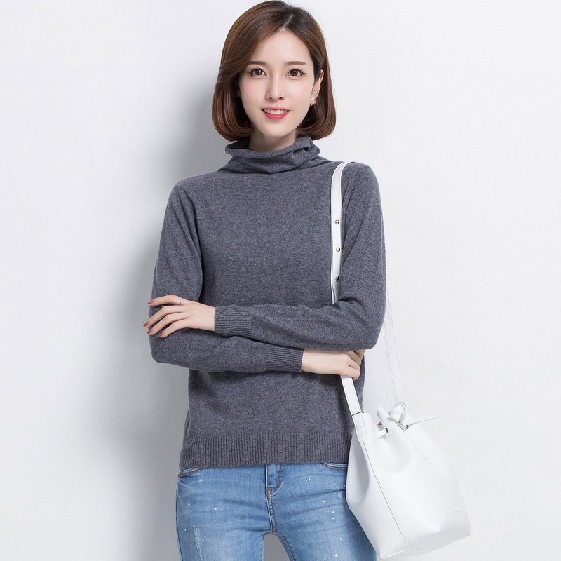 恒源祥秋冬堆堆领毛衣女2018纯羊毛套头针织衫高领打底纯色羊毛衫 160/S 中灰