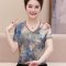 妈妈装夏装短袖T恤中年妇女40-50岁V领碎花小衫中老年上衣薄 XXL适合135-145斤 红色6623