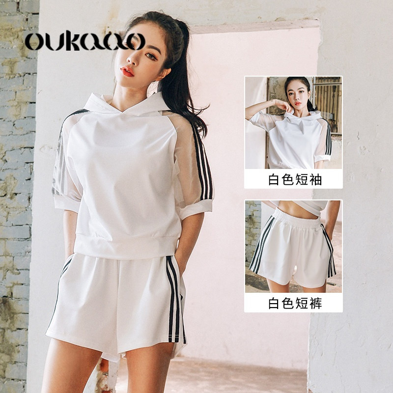 欧卡奥2018夏季新款宽松短袖大码运动套装女性感跑步健身服女专业瑜伽服 S 白色两件套