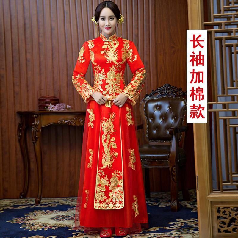 红色新娘敬酒服旗袍2018新款结婚中式婚纱礼服嫁衣龙凤褂秀禾服女_2_6_7 L 长袖加棉纱裙款