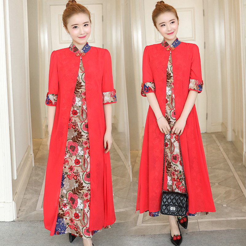 2018春装新款大码女装民族风印花拼接连衣裙假两件胖妹妹mm中长款_2 L 蓝色