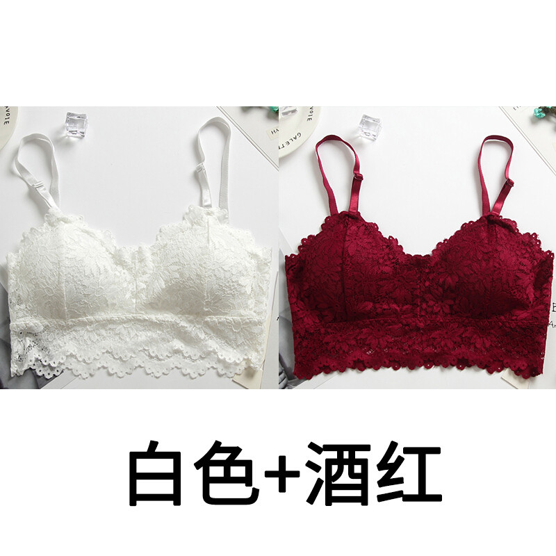 蕾丝美背性感裹胸抹胸打底防走光带胸垫带短款聚拢学生少女内衣白色+白色均码 默认尺寸 白色+酒红